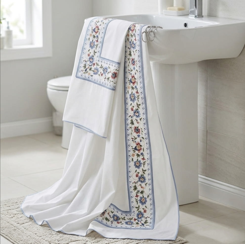 Cortina de baño loneta blanca greca florecitas