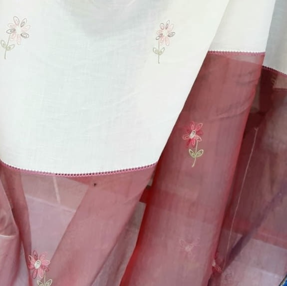 Tela visillo lino bordado bajo de organza