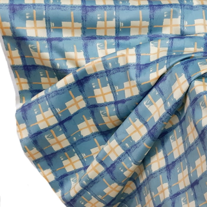 Tela loneta satén cuadros azul