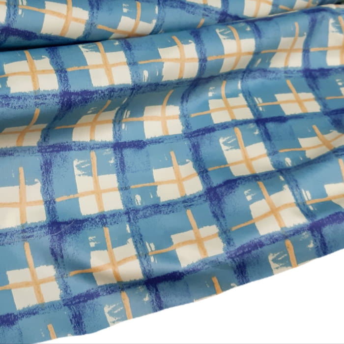 Tela loneta satén cuadros azul - 1