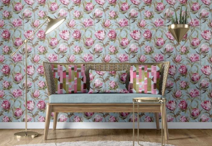 Tela turquesa flores rosas - 1