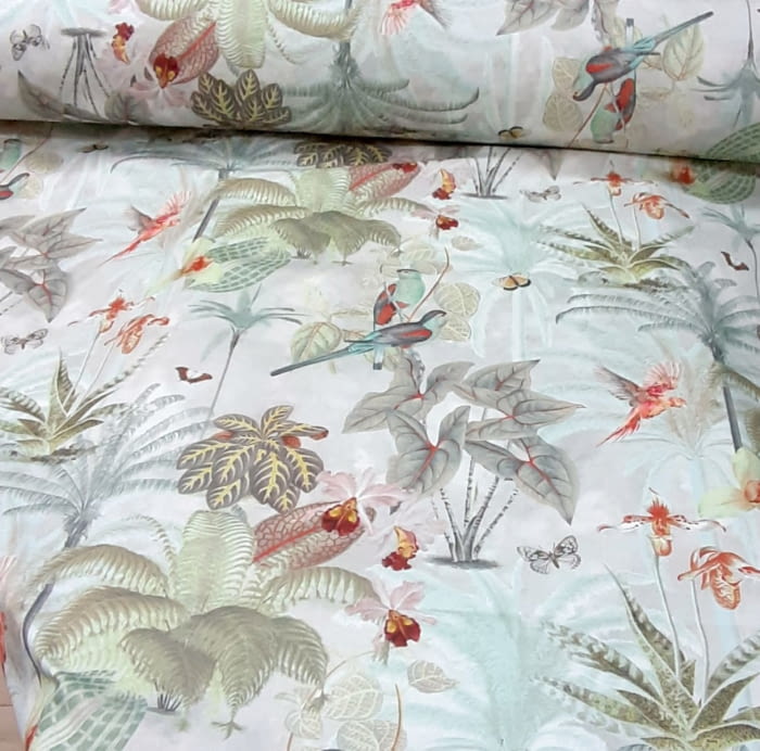 Tela gris pájaros verde agua 280