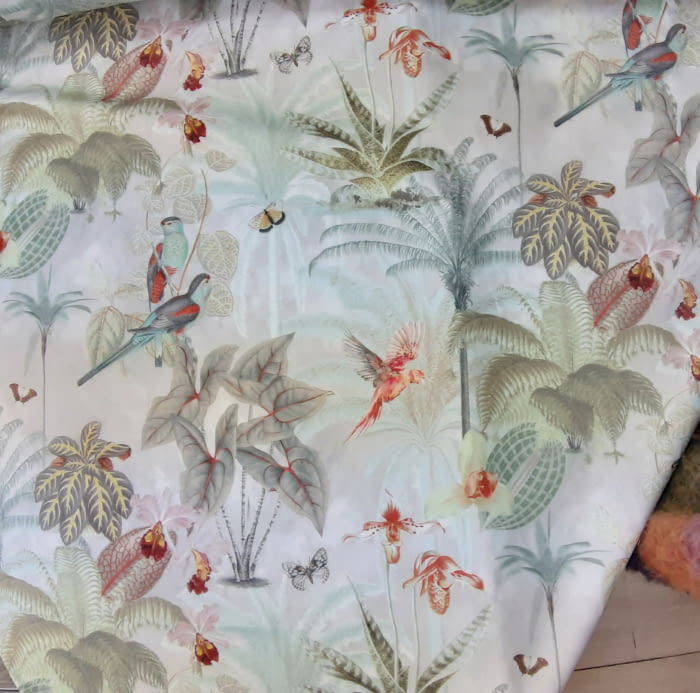 Tela gris pájaros verde agua 280 - 2