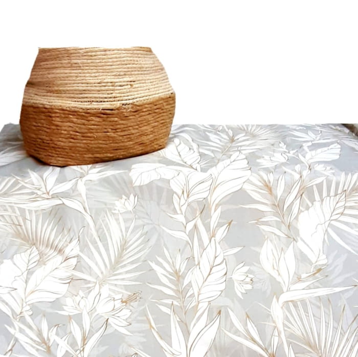 Tela loneta gris hojas borde oro - 1