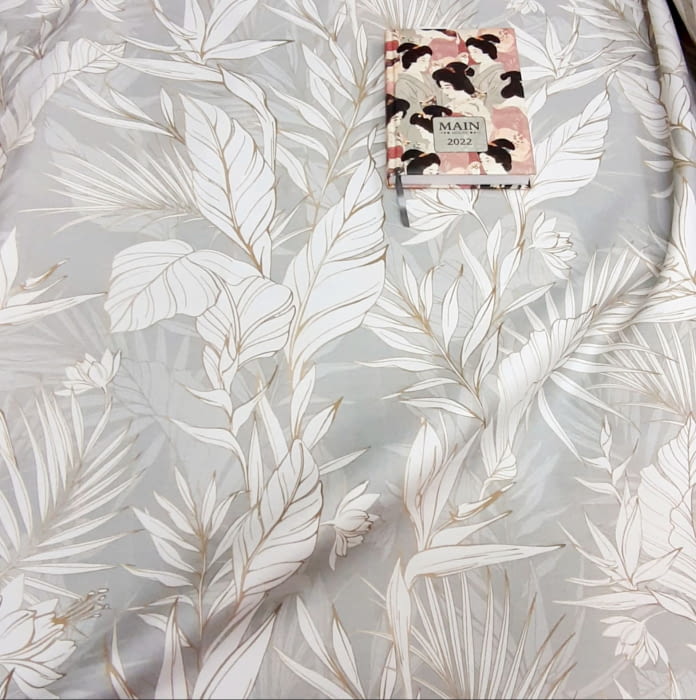 Tela loneta gris hojas borde oro - 2