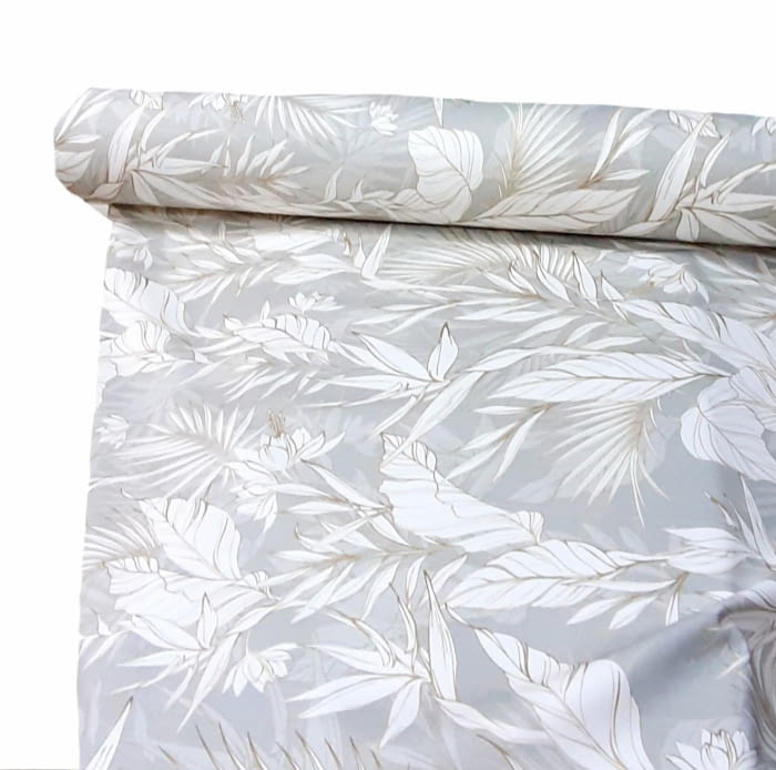 Tela loneta gris hojas borde oro - 4