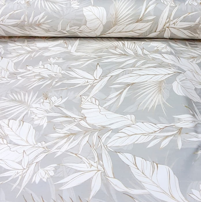 Tela loneta gris hojas borde oro - 5