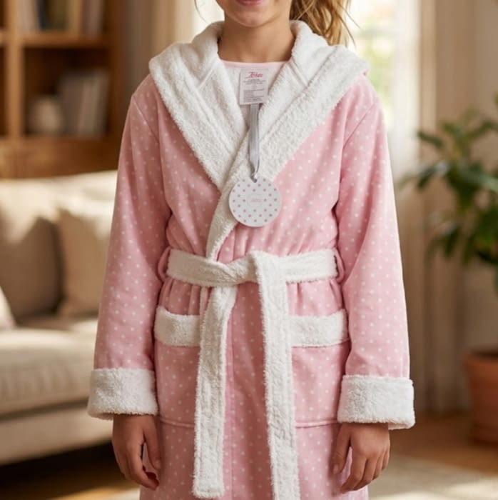Albornoz rosa lunares. Tallas: 10-12