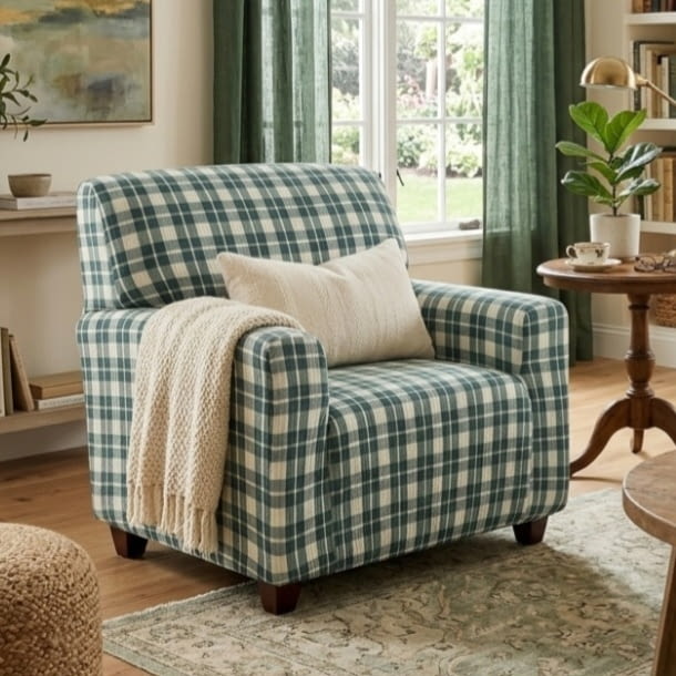 Funda de sillón de cuadros verdes y beige. 1 plaza