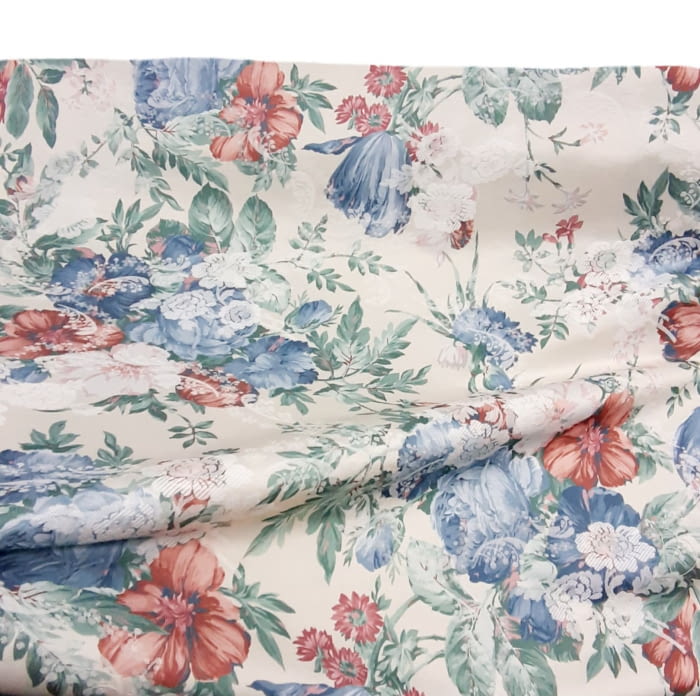 Tela raso jakard crudo flores azules 140 - 1