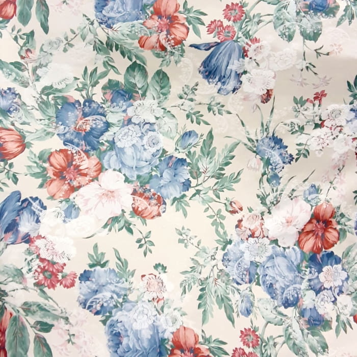 Tela raso jakard crudo flores azules 140 - 2