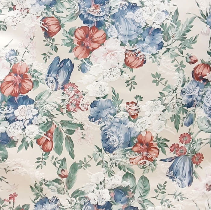 Tela raso jakard crudo flores azules 140 - 3