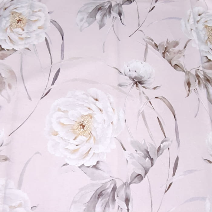 Tela loneta rosa  con flores blancas 280 - 1