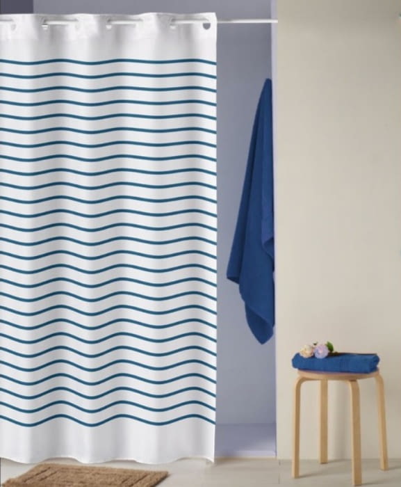 Cortina de baño rayitas azules. 180 x 200