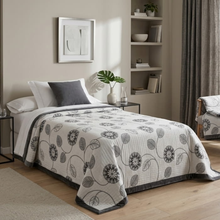 Colcha reversible flores gris. Cama 90