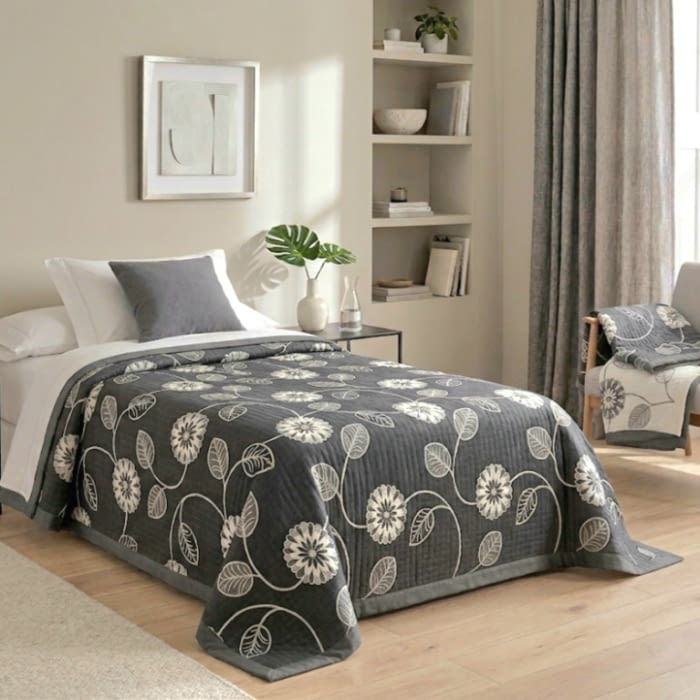 Colcha reversible flores gris. Cama 90 - 1