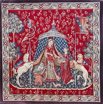 Tapiz de arte Dama y unicornio rojo medieval 45 x 45