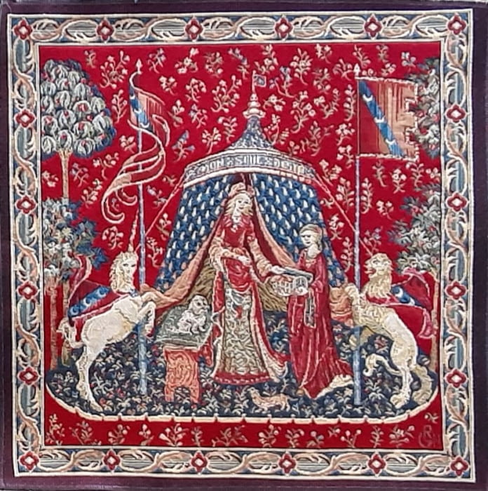 Tapiz de arte Dama y unicornio rojo medieval 45 x 45