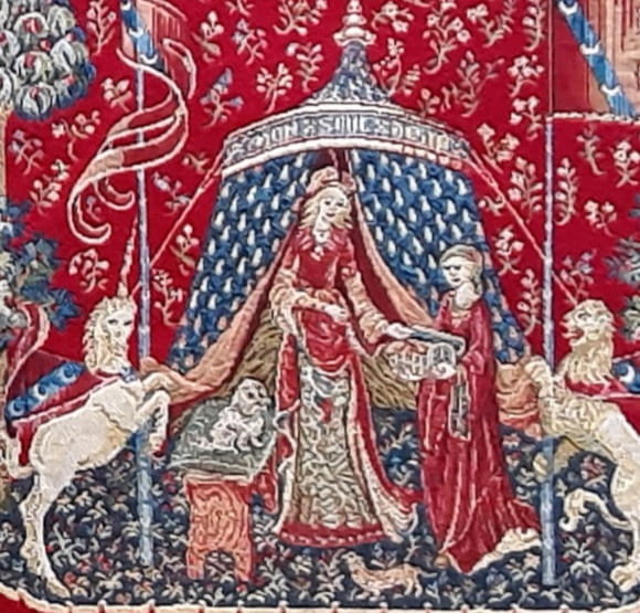 Tapiz de arte Dama y unicornio rojo medieval 45 x 45 - 1