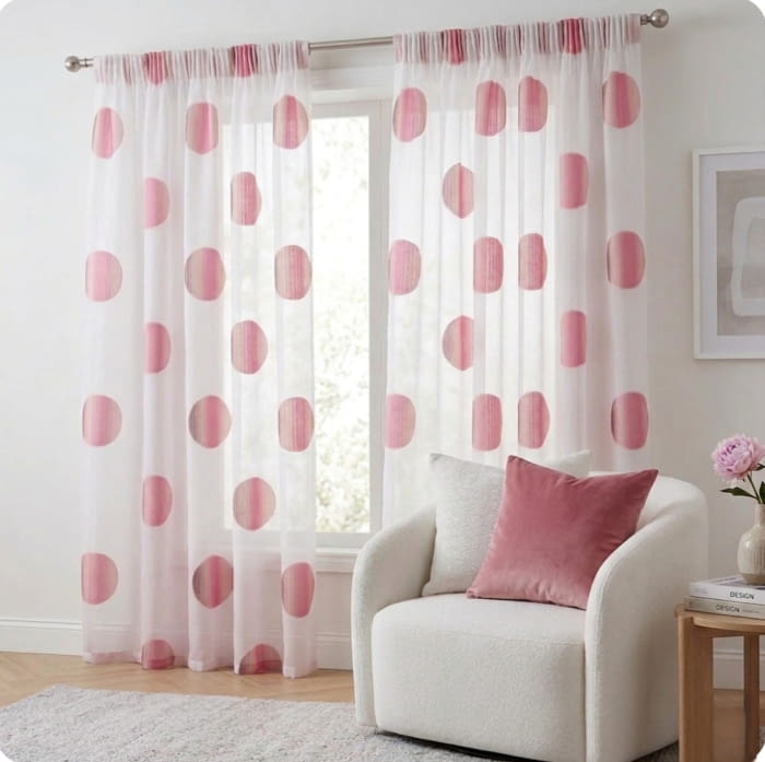 Tela Visillo organza blanca círculos rosas - 1
