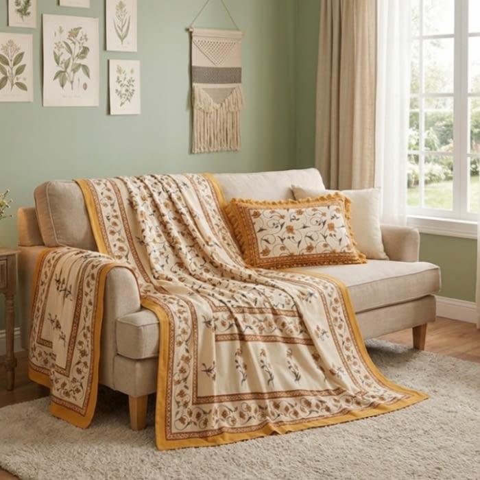 Colcha multiusos India flores mostaza. 173 x 260 - 1