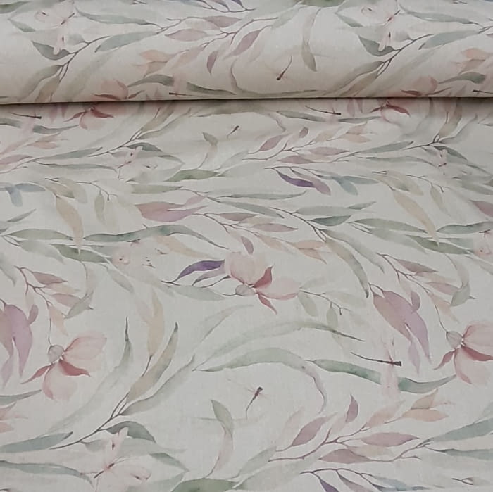 Tela loneta fondo lino flores malvas 280 - 4