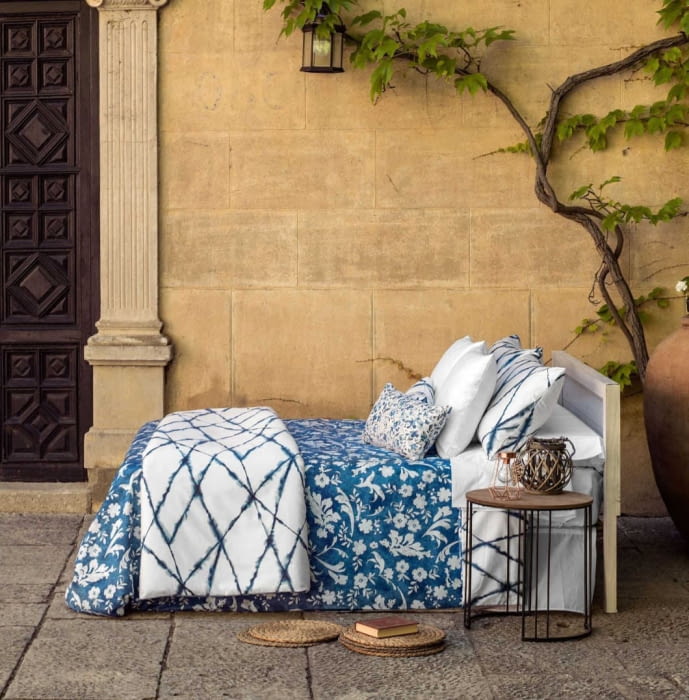 Funda nórdica reversible flor y rombos azul