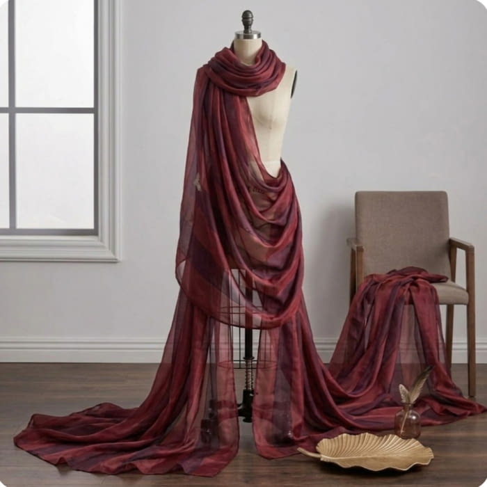 Tela Visillo organza rayas berenjena granate - 3