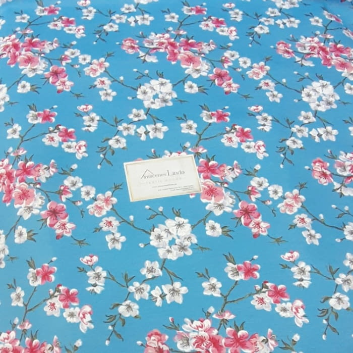 Tela mantel antimanchas turquesa flores rosa