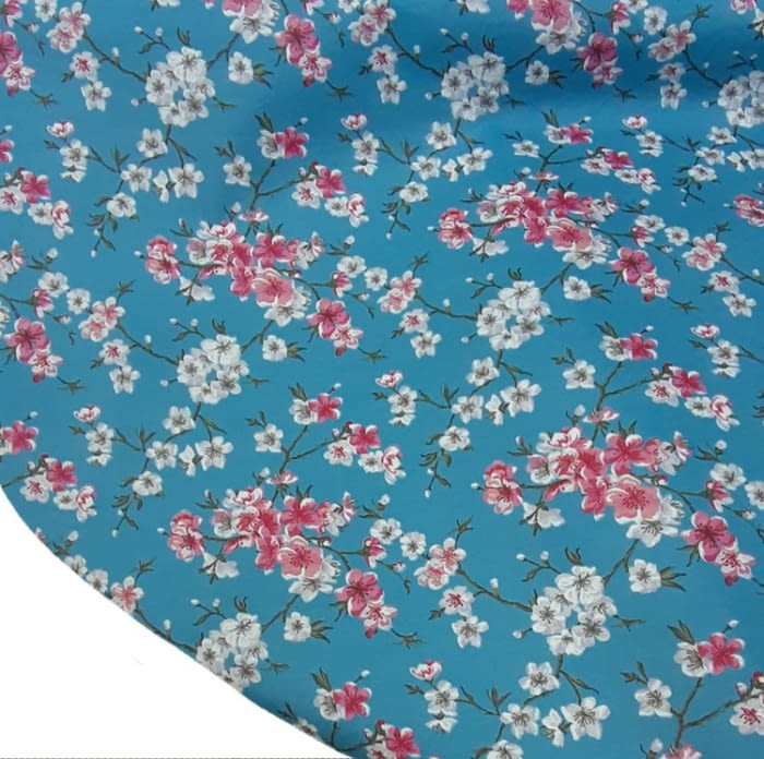 Tela mantel antimanchas turquesa flores rosa - 1
