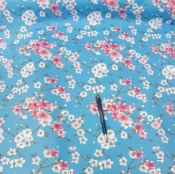 Tela mantel antimanchas turquesa flores rosa - 2