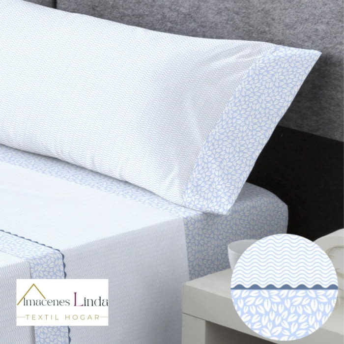 Juego de sábanas algodón azul hojitas. Cama: 150