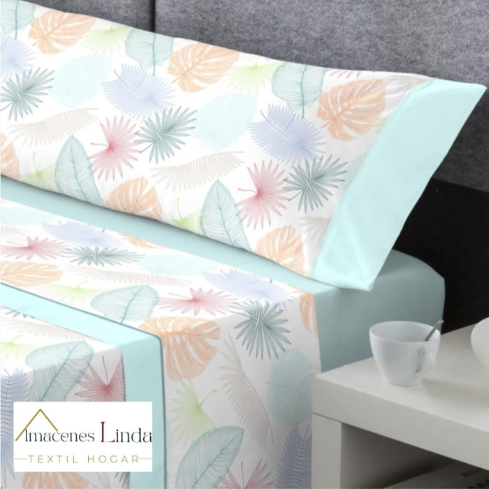 Juego de sábanas palmas agua Marina. Cama: 120, 150