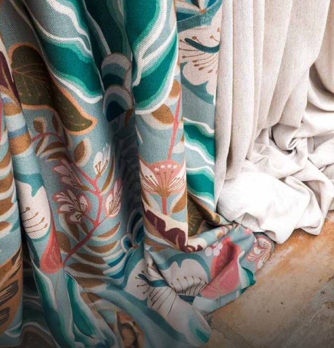 Tela tapicería lino hojas naif azul 280