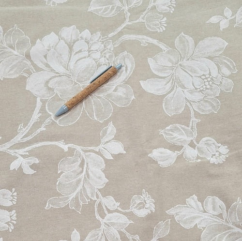 Tela loneta flores color lino y blanco - 6