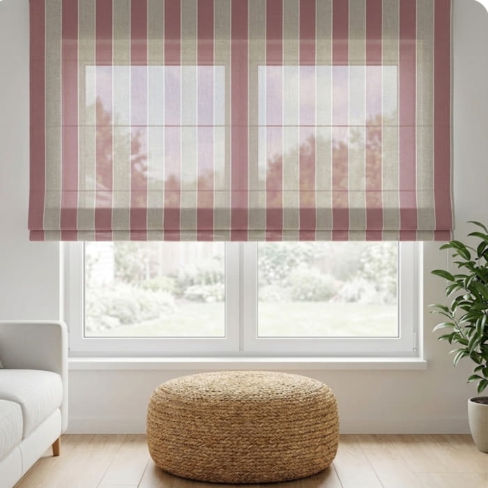 Retal Tela visillo rayas rosa granate y beige - 5