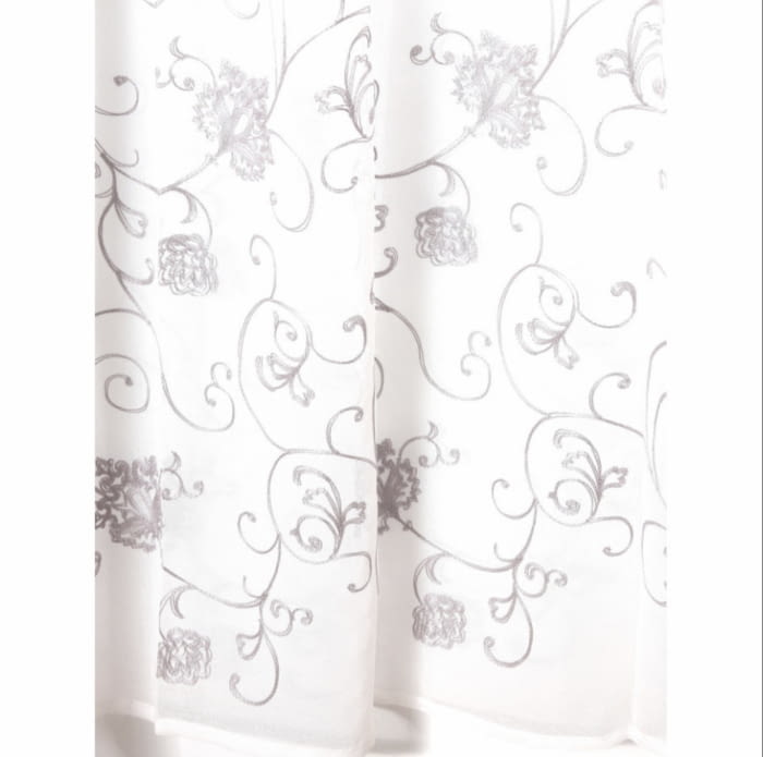 Visillo confeccionado bordado flores grises - 2