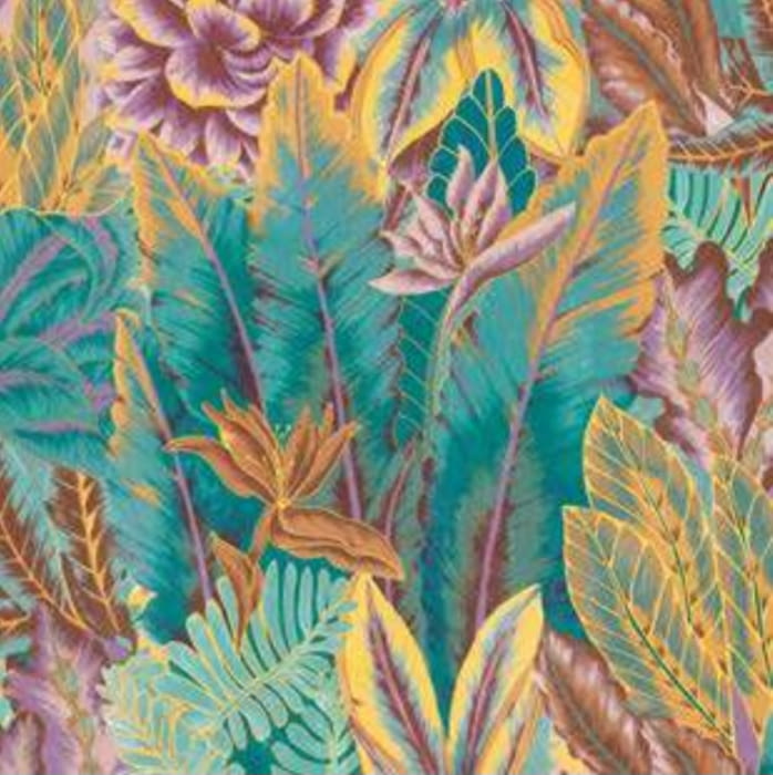 Tela Half panamá hojas azul turquesa y amarillo