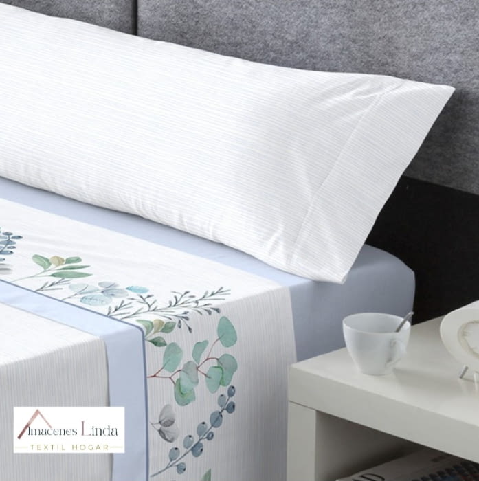 Juego de sábanas coralina hojas azul. Cama 150