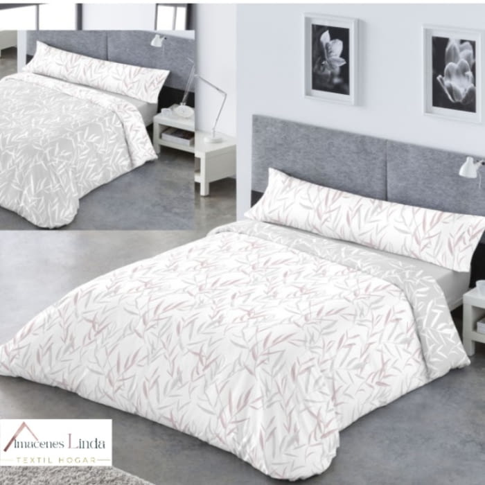 Funda nórdica reversible hojas gris y malva 135