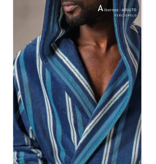 Albornoz azul rayitas blancas y turquesas