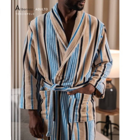 Albornoz azul rayas beige y azul
