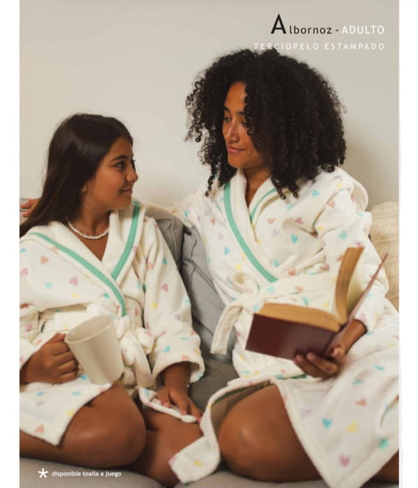 Albornoz terciopelo corazones verde agua