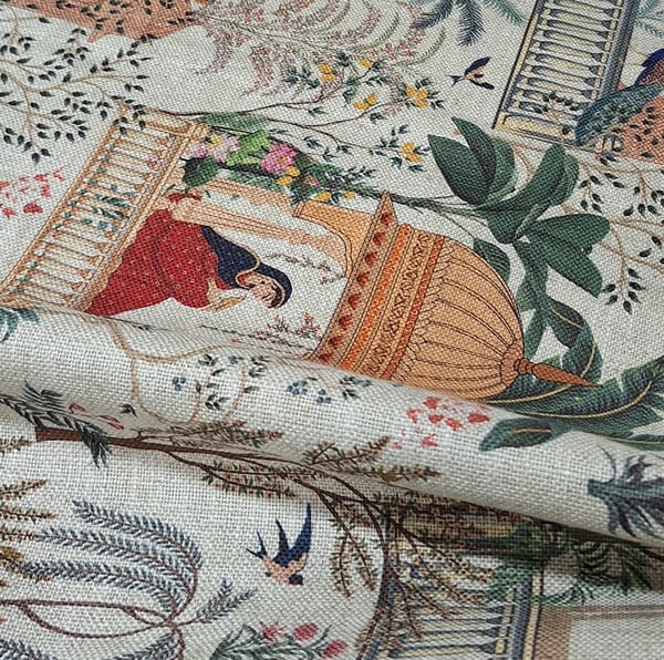 Tela lino beige paisajes India - 1