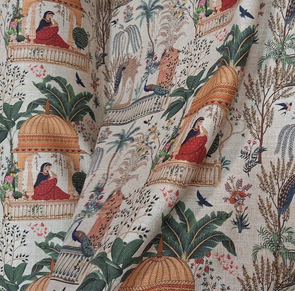 Tela lino beige paisajes India - 2