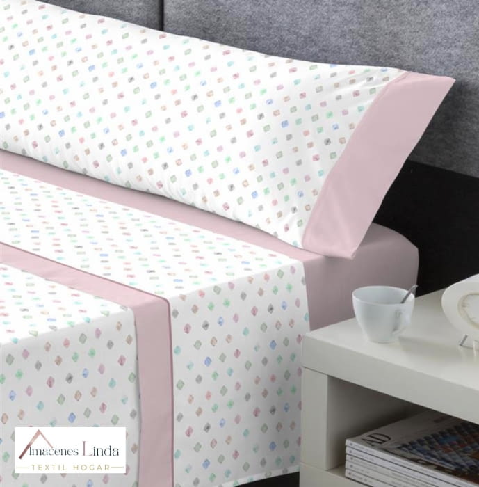 Juego de sábanas malvas rombos pastel. 90, 105, 135