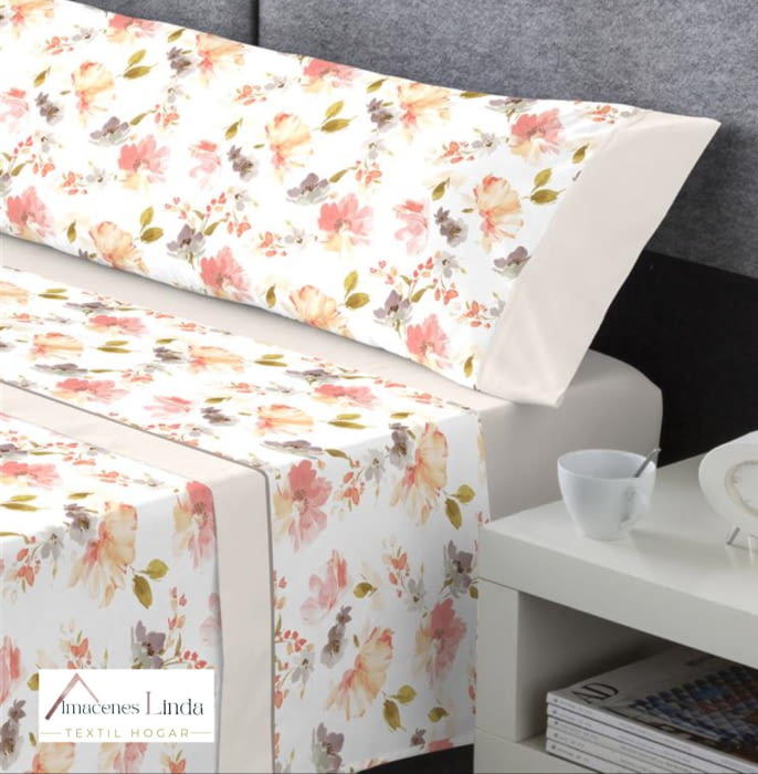 Juego de sábanas flores anaranjadas. Cama 135, 150