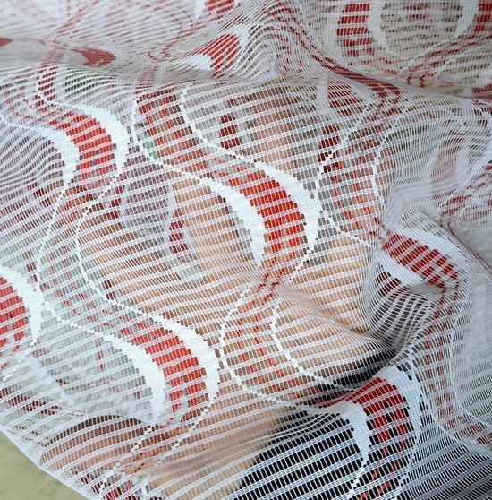 Tela visillo malla blanca ondas rojas - 1