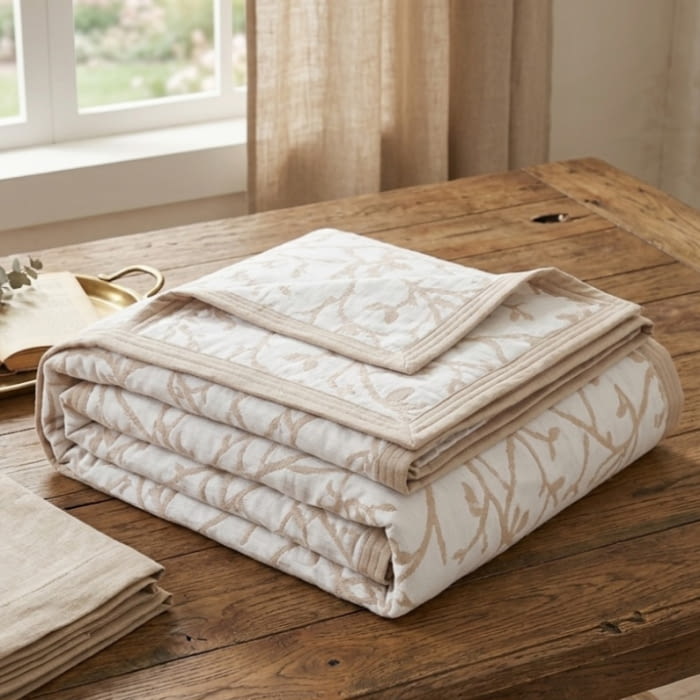 Colchas reversibles hojas beige. Cama 150 - 3