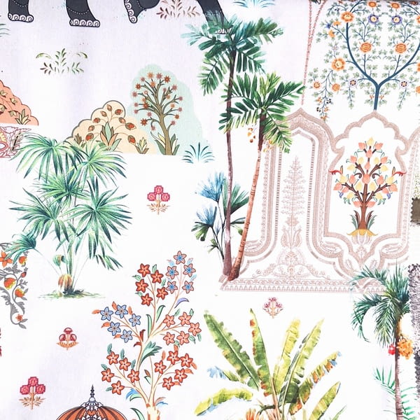 Tela tapicería terciopelo Komodo elefantes blanca